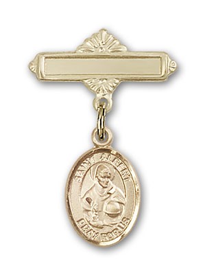 Pin Badge with St. Albert the Great Charm and Polished Engravable Badge Pin - 14K Solid Gold