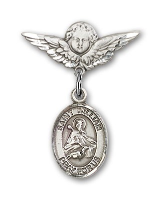 Pin Badge with St. William of Rochester Charm and Angel with Smaller Wings Badge Pin - Silver tone