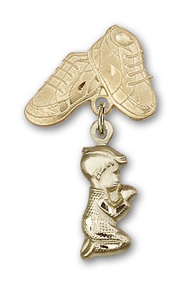 Baby Pin with Praying Boy Charm and Baby Boots Pin - Gold Tone