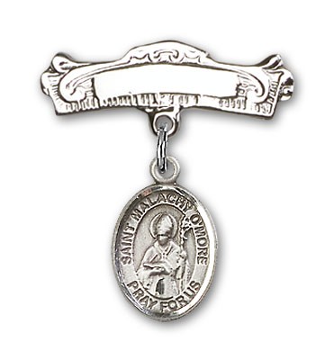 Pin Badge with St. Malachy O'More Charm and Arched Polished Engravable Badge Pin - Silver tone