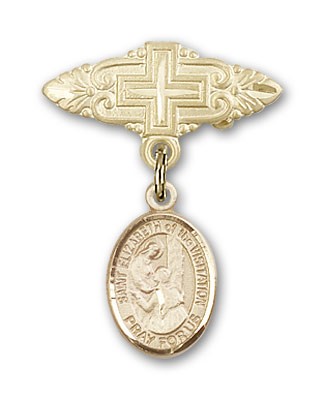Pin Badge with St. Elizabeth of the Visitation Charm and Badge Pin with Cross - Gold Tone
