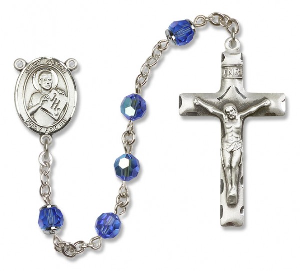 St. Viator of Bergamo Sterling Silver Heirloom Rosary Squared Crucifix - Sapphire