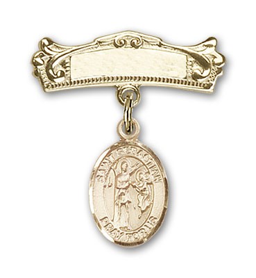 Pin Badge with St. Sebastian Charm and Arched Polished Engravable Badge Pin - Gold Tone