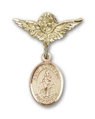 Pin Badge with St. Cornelius Charm and Angel with Smaller Wings Badge Pin - 14K Solid Gold