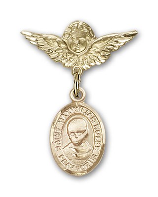 Pin Badge with St. Maximilian Kolbe Charm and Angel with Smaller Wings Badge Pin - 14K Solid Gold