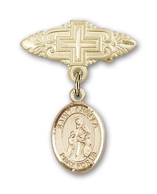 Pin Badge with St. Angela Merici Charm and Badge Pin with Cross - Gold Tone