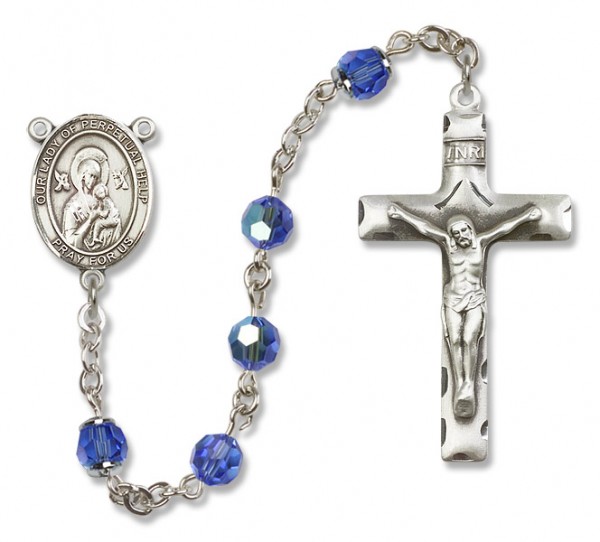 Our Lady of Perpetual Help Sterling Silver Heirloom Rosary Squared Crucifix - Sapphire