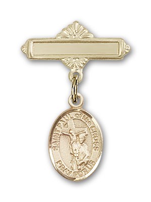 Pin Badge with St. Paul of the Cross Charm and Polished Engravable Badge Pin - 14K Solid Gold