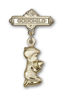 Baby Pin with Praying Boy Charm and Godchild Badge Pin - 14K Solid Gold