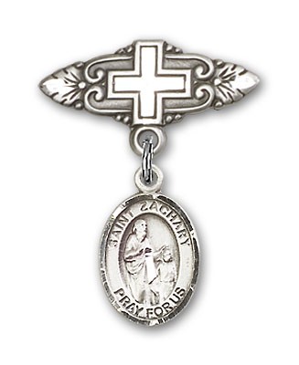 Pin Badge with St. Zachary Charm and Badge Pin with Cross - Silver tone