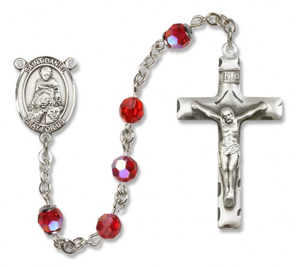 St. Daniel Sterling Silver Heirloom Rosary Squared Crucifix - Ruby Red