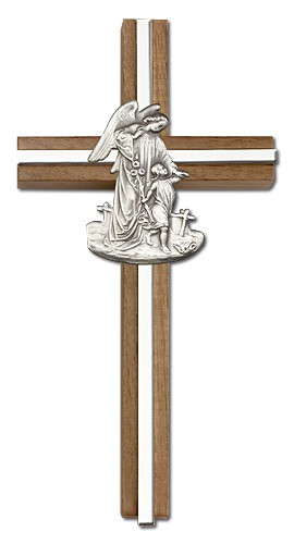 Guardian Angel 6&quot; Wall Cross in Walnut Wood and Metal Inlay - Silver tone