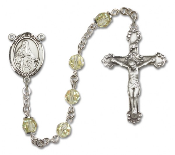 St. Veronica Sterling Silver Heirloom Rosary Fancy Crucifix - Zircon