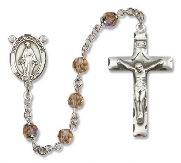 Our Lady of Lebanon Sterling Silver Heirloom Rosary Squared Crucifix - Topaz