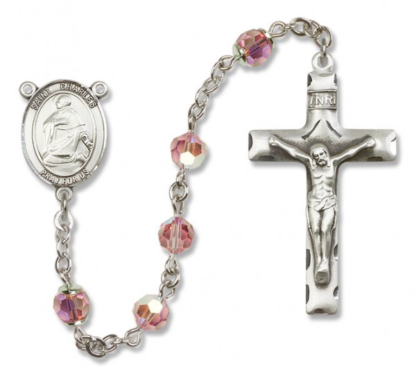 St. Charles Borromeo Sterling Silver Heirloom Rosary Squared Crucifix - Light Rose