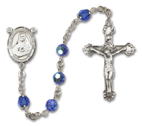 St. Rose Philippine Sterling Silver Heirloom Rosary Fancy Crucifix - Sapphire