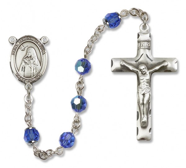 St. Teresa of Avila Sterling Silver Heirloom Rosary Squared Crucifix - Sapphire