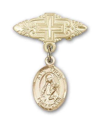 Pin Badge with St. Lucia of Syracuse Charm and Badge Pin with Cross - Gold Tone