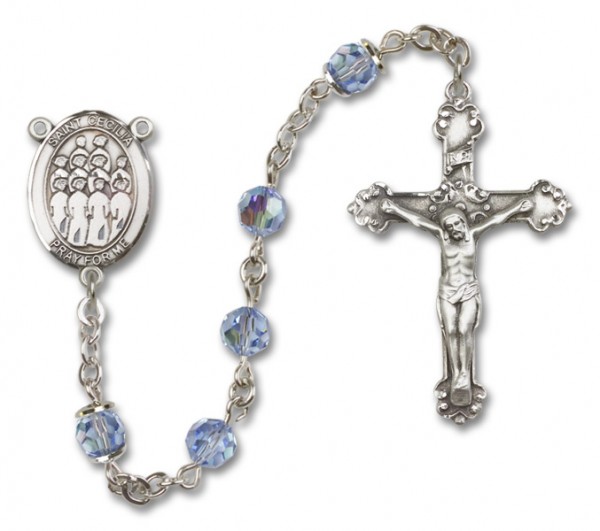 St. Cecilia with Choir Sterling Silver Heirloom Rosary Fancy Crucifix - Light Sapphire