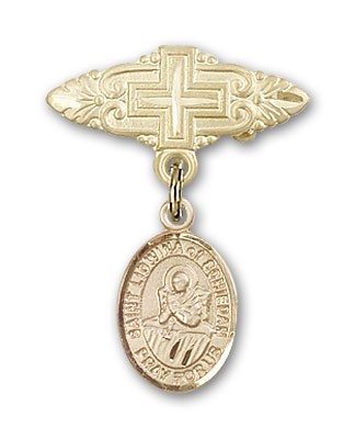 Pin Badge with St. Lidwina of Schiedam Charm and Badge Pin with Cross - Gold Tone