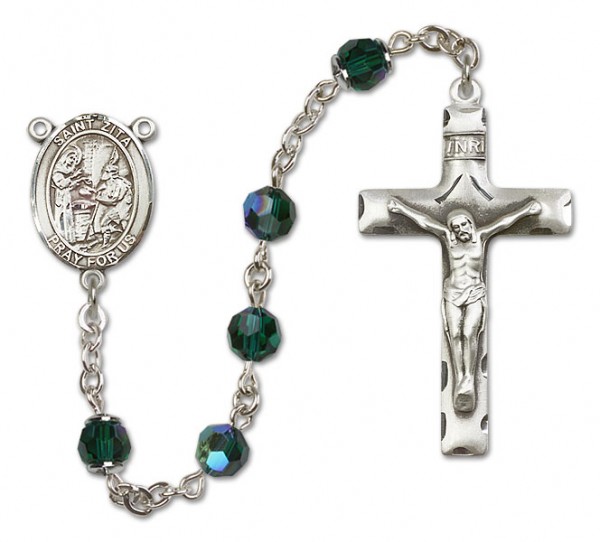 St. Zita Sterling Silver Heirloom Rosary Squared Crucifix - Emerald Green