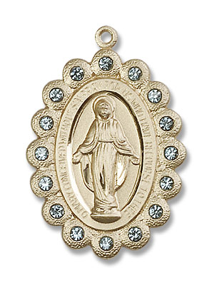 Miraculous Medal with Blue Swarovski Crystals - 14K Solid Gold