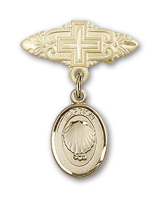 Baby Pin with Baptism Charm and Badge Pin with Cross - 14K Solid Gold