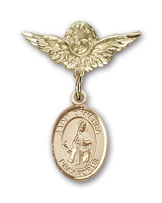 Pin Badge with St. Dymphna Charm and Angel with Smaller Wings Badge Pin - Gold Tone
