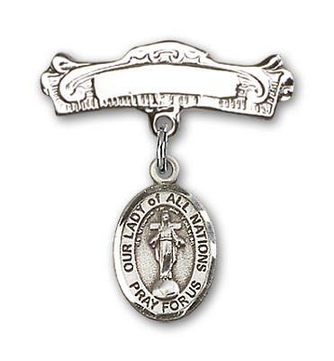 Pin Badge with Our Lady of All Nations Charm and Arched Polished Engravable Badge Pin - Silver tone