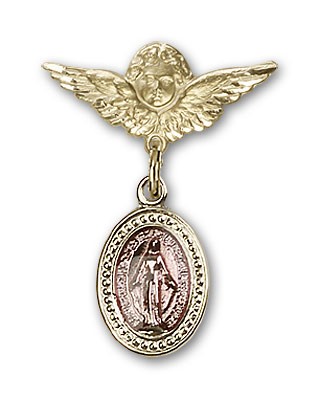 Baby Pin with Pink Miraculous Charm and Angel with Smaller Wings Badge Pin - 14KT Gold Filled
