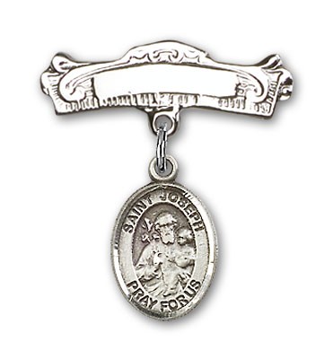 Pin Badge with St. Joseph Charm and Arched Polished Engravable Badge Pin - Silver tone