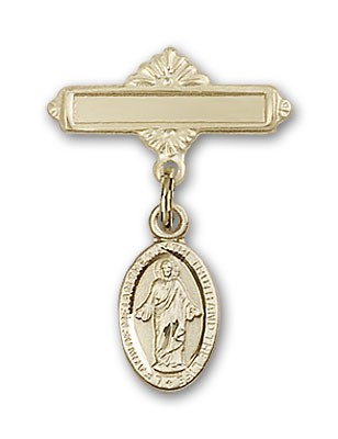 Pin Badge with Scapular Charm and Polished Engravable Badge Pin - Gold Tone