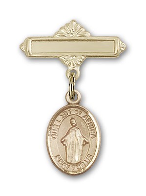 Pin Badge with Our Lady of Africa Charm and Polished Engravable Badge Pin - Gold Tone