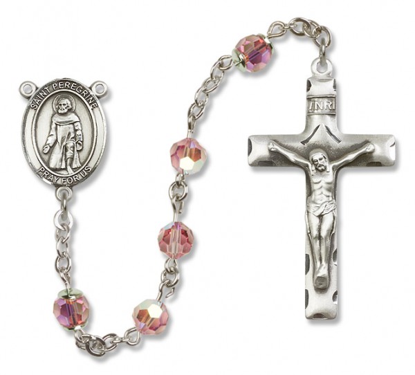 St. Peregrine Laziosi Sterling Silver Heirloom Rosary Squared Crucifix - Light Rose