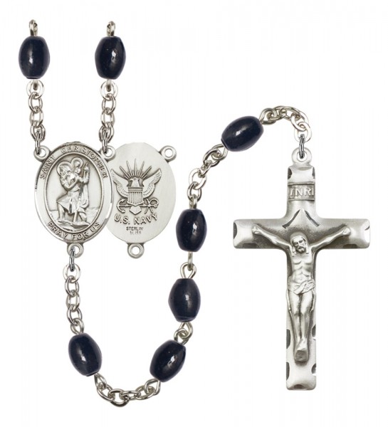 Men's St. Christopher Navy Silver Plated Rosary - Black Oval