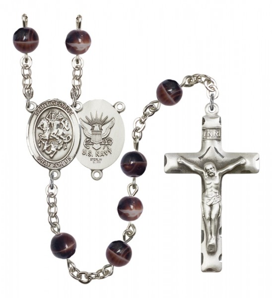 Men's St. George Navy Silver Plated Rosary - Brown