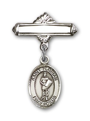 Pin Badge with St. Florian Charm and Polished Engravable Badge Pin - Silver tone