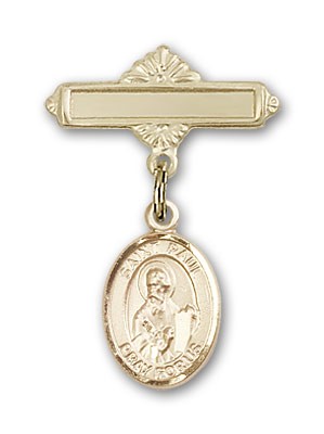 Pin Badge with St. Paul the Apostle Charm and Polished Engravable Badge Pin - 14K Solid Gold