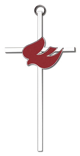 Red Enamel Holy Spirit Wall Cross 6&quot; - Silver tone