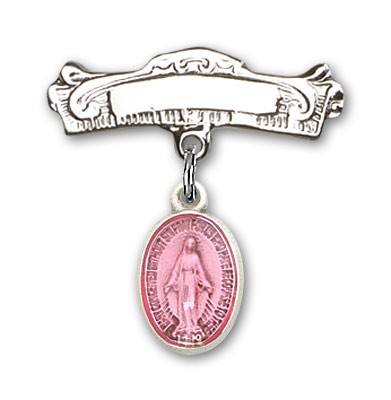 Baby Pin with Miraculous Charm and Arched Polished Engravable Badge Pin - Silver | Pink