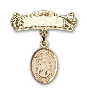 Pin Badge with Maria Stein Charm and Arched Polished Engravable Badge Pin - 14K Solid Gold