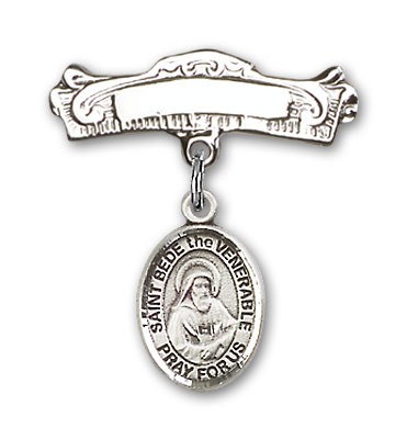 Pin Badge with St. Bede the Venerable Charm and Arched Polished Engravable Badge Pin - Silver tone