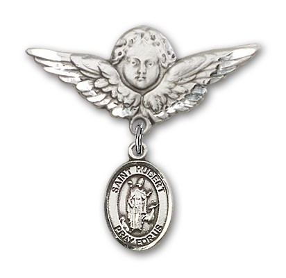 Pin Badge with St. Hubert of Liege Charm and Angel with Larger Wings Badge Pin - Silver tone
