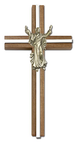 Risen Christ Wall Cross in Walnut and Metal Inlay 6&quot; - Two-Tone Silver