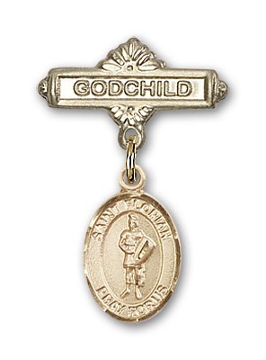 Pin Badge with St. Florian Charm and Godchild Badge Pin - 14K Solid Gold