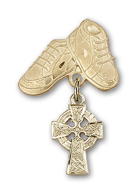 Baby Badge with Celtic Cross Charm and Baby Boots Pin - Gold Tone