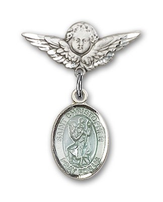 Pin Badge with St. Christopher Charm and Angel with Smaller Wings Badge Pin - Silver | Blue