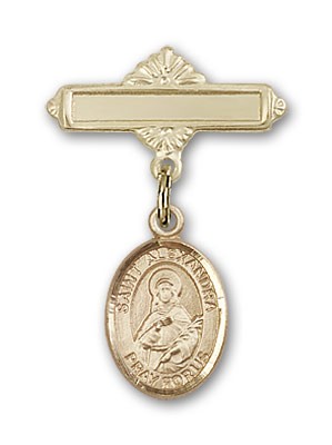 Pin Badge with St. Alexandra Charm and Polished Engravable Badge Pin - 14K Solid Gold