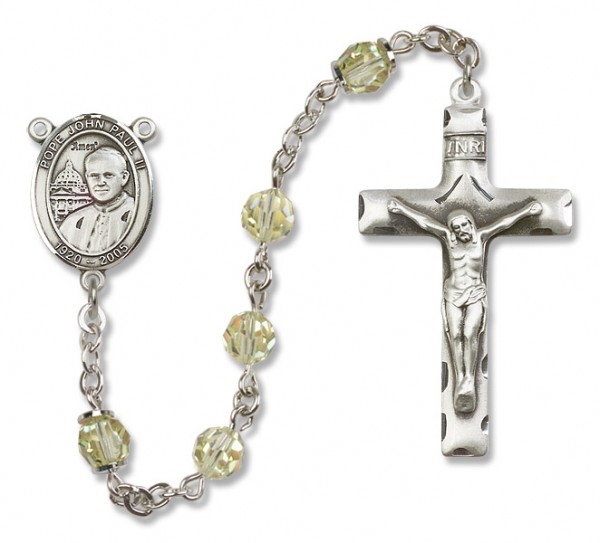 Pope John Paul II Sterling Silver Heirloom Rosary Squared Crucifix - Zircon