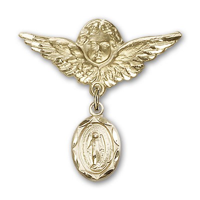 Baby Pin with Miraculous Charm and Angel with Larger Wings Badge Pin - 14K Solid Gold